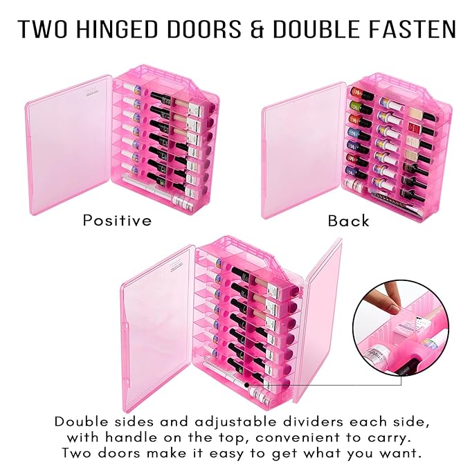 Makartt Nail Polish Organizer, Pink Acrylic Portable Storage Case Holder for 48 Bottles, with 8 Adjustable Dividers, Space-Saving & Colors Display