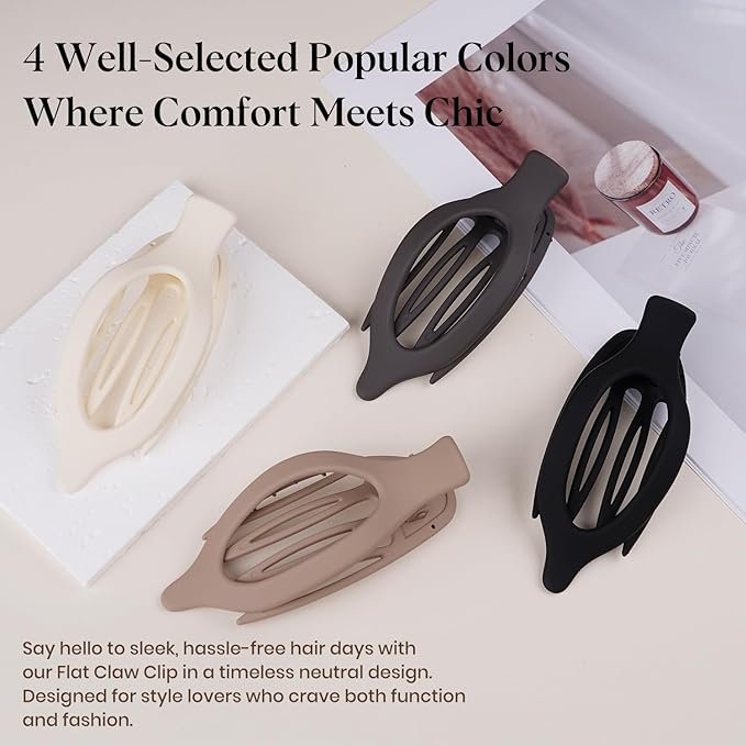 4 PCS Large Flat Hair Clips for Women Girls, French Concord Lay Down Flat Claw Clips for Thick Thin Hair, Comfortable Curved Flat Hair Clip, Matte Non-slip Strong Hold Hair Accessories, Brown
