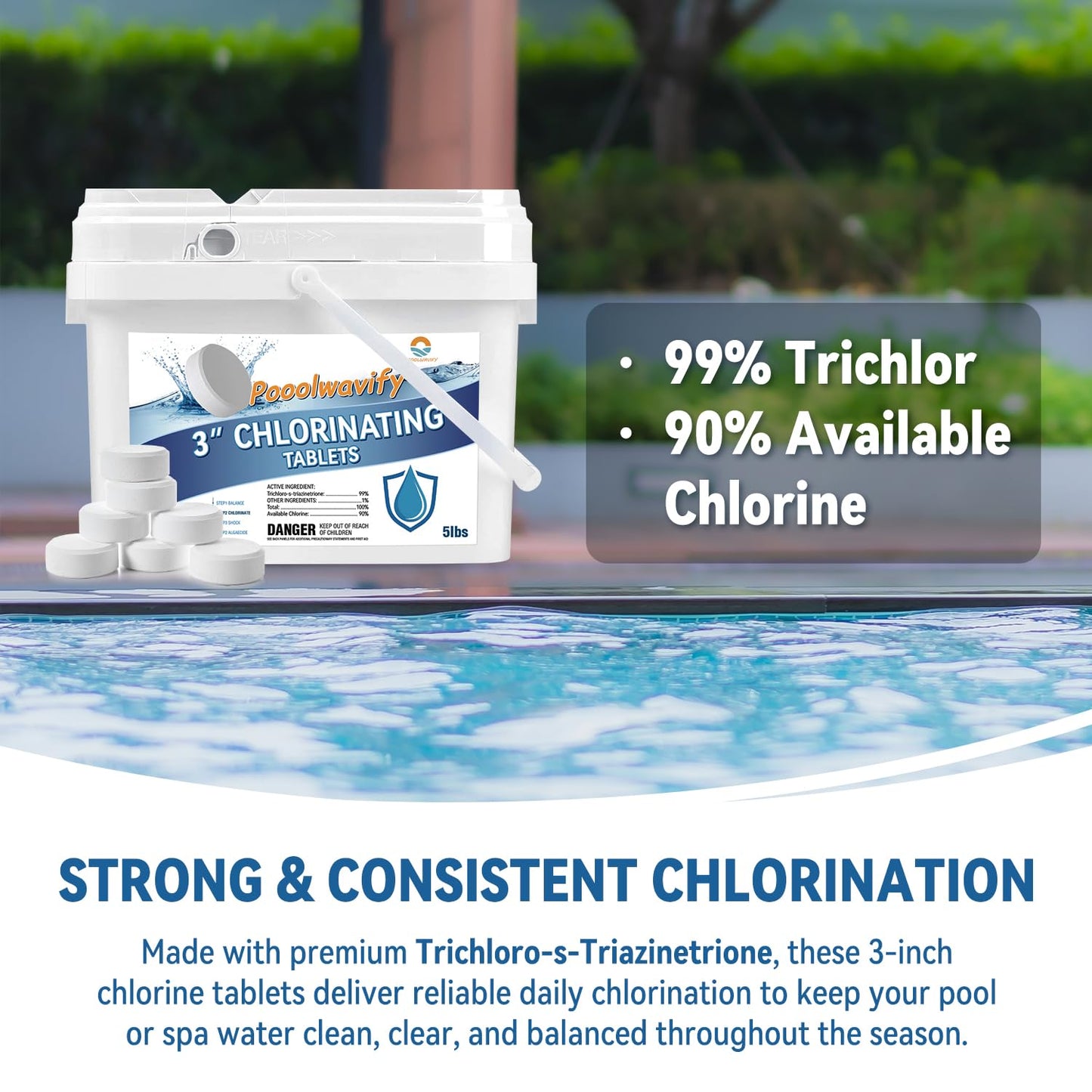 3 Inch Chlorine Tablets for Swimming Pools & Spas | 90% Available Chlorine Trichlor Pool Tablets | Long-Lasting Slow Dissolving Sanitizer for Clean & Clear Water (3inch-5Lbs)