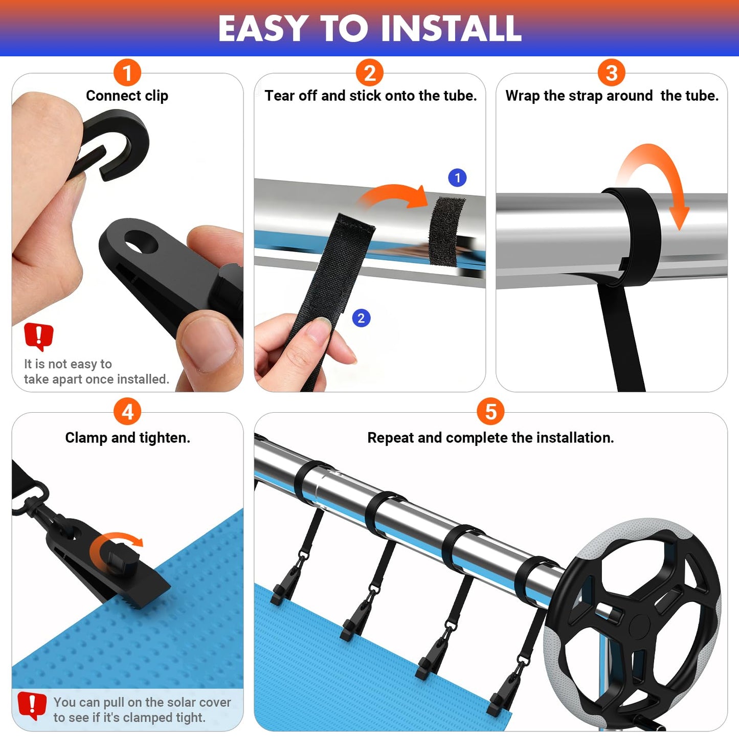 Goovilla 24 Pcs Pool Solar Cover Reel Attachment Kit, Inground Swimming Pool Solar Cover Straps and Clips, Weather Resistant Solar Blanket 8 Strap Kit with 8 Hooks and 8 Touch Fastener, Black