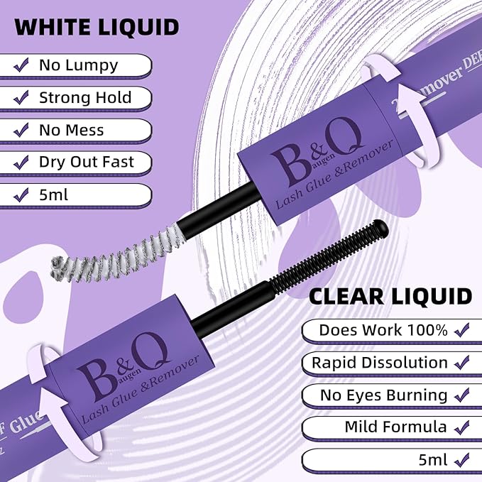 B&Q Lash Glue Remover Lash Glue Remover 2-in-1 Kit Lashs Cluster Glues for Eyelash Clusters with Gentle Lash Removers Waterproof Quick-Dry Formula Portable Travel-Friendly Design(Bond and Remover)