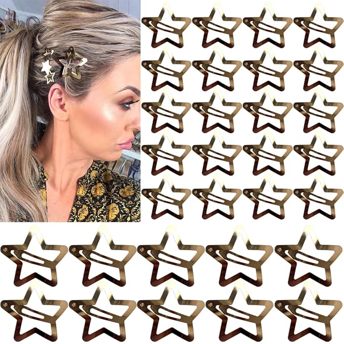 30 PCS Gold Star Hair Clips,20PCS 1.22"Star hair Clip and 10 PCS 1.65"Hair Clip Snap Hair Accessories Non Slip stars Clips for Girls Women gold Accessories Gold Metal Hair Clips
