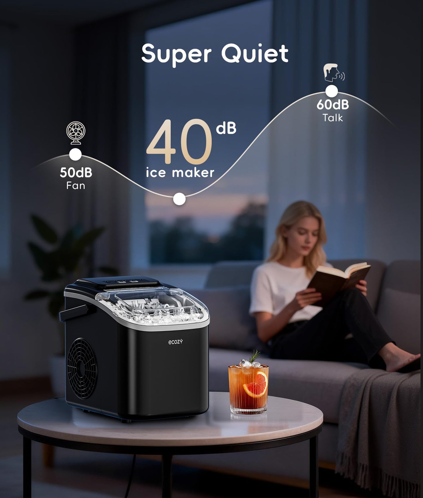 ecozy Portable Ice Makers Countertop, 8 Cubes in 6 Mins, 26lbs/Day, Bullet Ice Maker Machine with 2 Ice Sizes, Self-Cleaning Ice Maker with Carry Handle for Home/Kitchen/Party/Travel - 2026 Version