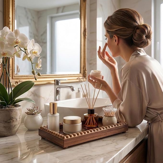 Bathroom Counter Organizer Tray, Wooden Countertop Vanity Trays with Beaded Edge, Farmhouse Decorative Tray Stand for Toilet Tank Candle Sink Kitchen Coffee Bar