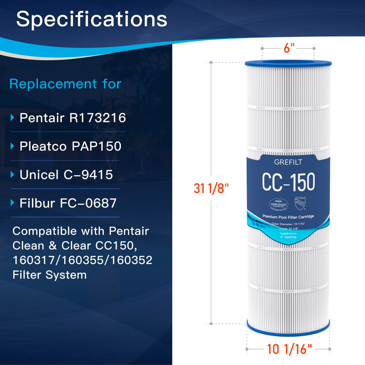 Grefilt CC150 Pool Filter Cartridge, Compatible with Pentair Clean & Clear 150, Replaces Pleatco PAP150, Unicel C-9415, Pentair R173216, 150 sq. ft