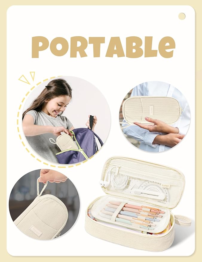 SUNEE Cute Pencil Case, Large Pencil Pouch, Aesthetic Big Pencil Bag with Zipper, Kawaii Stationery Storage and Organizer, School Supplies for Teen and Adult, Boys&Girls, Soft Corduroy Warm Beige