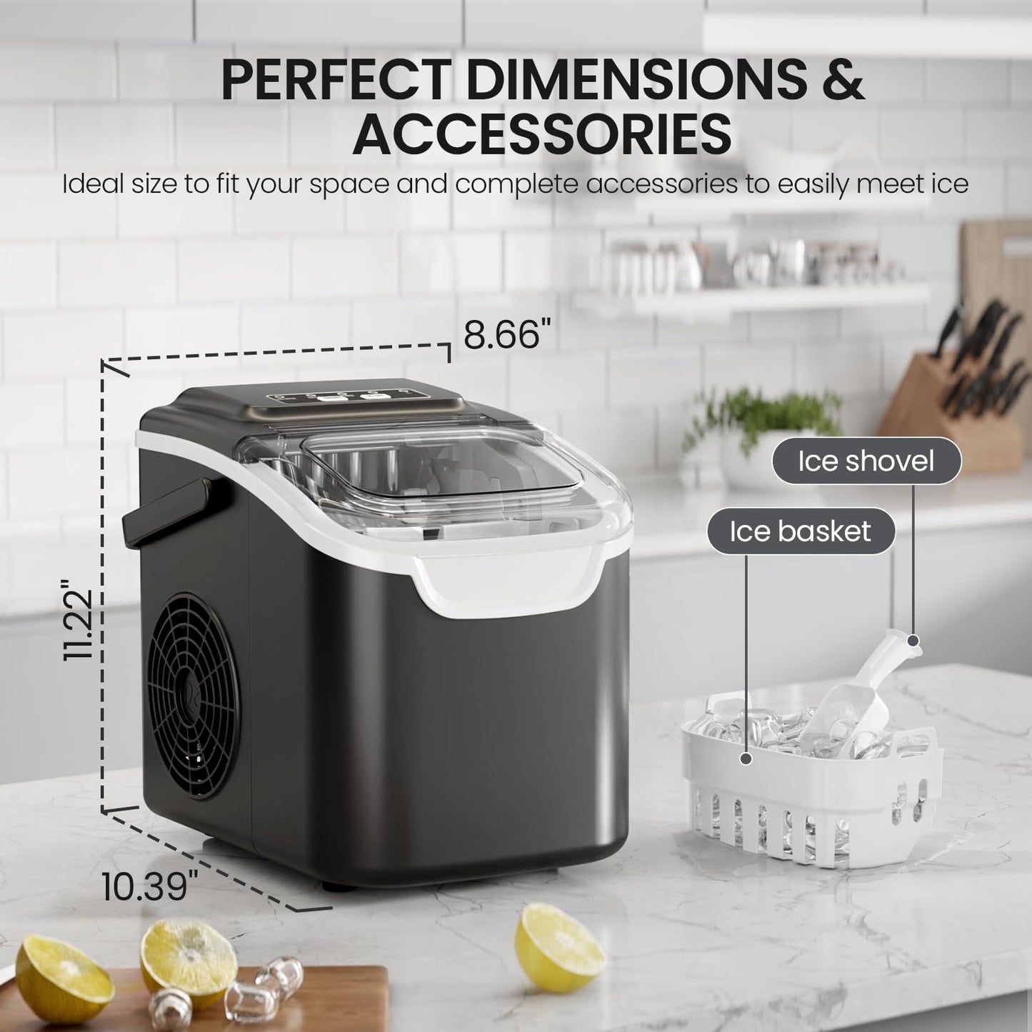 Kismile Countertop Ice Maker, 8 Cubes in 6 Mins, 26Lbs/Day Bullet Ice, Portable Ice Maker with 2 Sizes of Cubes, Self-Cleaning Ice Maker Machine with Basket & Scoop for Home/Kitchen/Office/Party