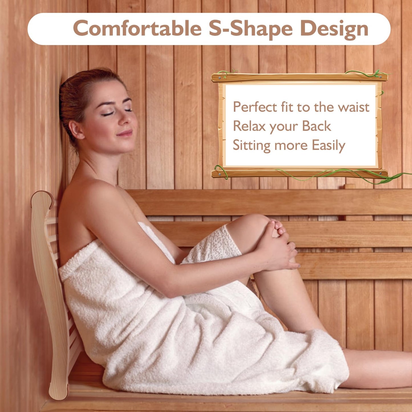TOLHYUN 2PCS Sauna Backrest Sauna Accessories Wooden Slip-Resistant Non-Toxic Comfortable S-Shape Design Sauna Chair with Back, Sauna Accessories for Any Barrel or Infrared Sauna