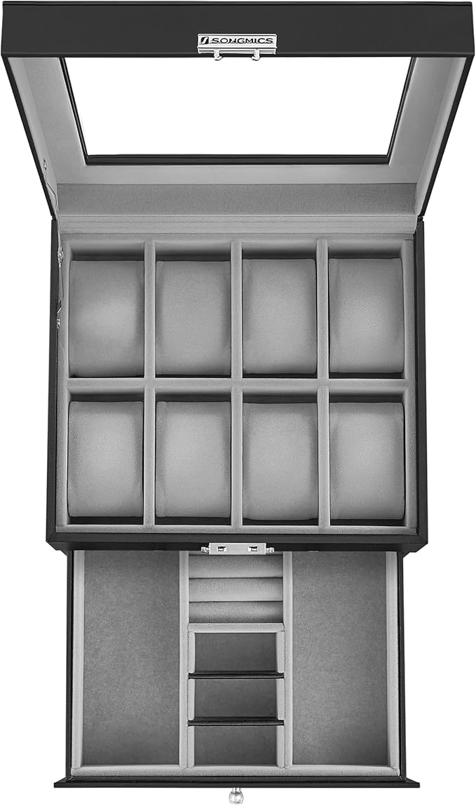 SONGMICS Watch Box, 8-Slot Watch Case Organizer with Large Glass Lid, 2 Layers, Removable Pillows, Metal Lock, Gift for Loved Ones, Black Synthetic Leather, Greenish Gray Lining UJWB080G01