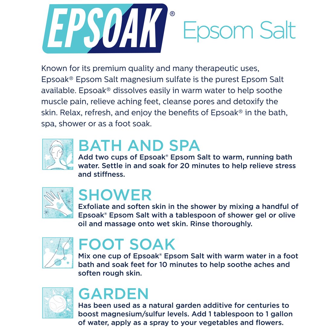 Epsoak Epsom Salt 19 lb. Magnesium Sulfate USP. Resealable Epsom Salt Bag Unscented, Made in The USA, Cruelty-Free Certified