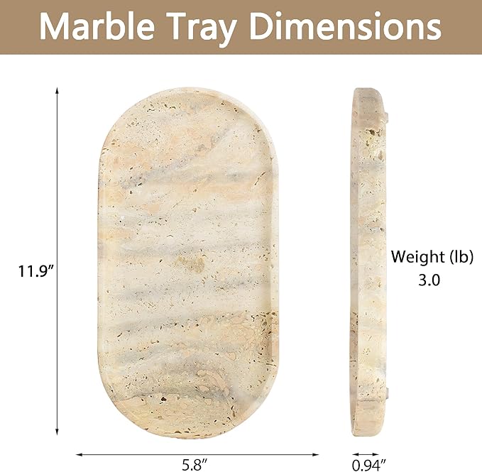 YMXYJM Genuine Real Natural Marble Tray for Bathroom, Luxury Ultra White Travertine Stone Vanity Tray, Decorative Oval Trays for Countertop Storage, Vanity, Dresser, Kitchen, Home Decor, 11.9"*5.8"