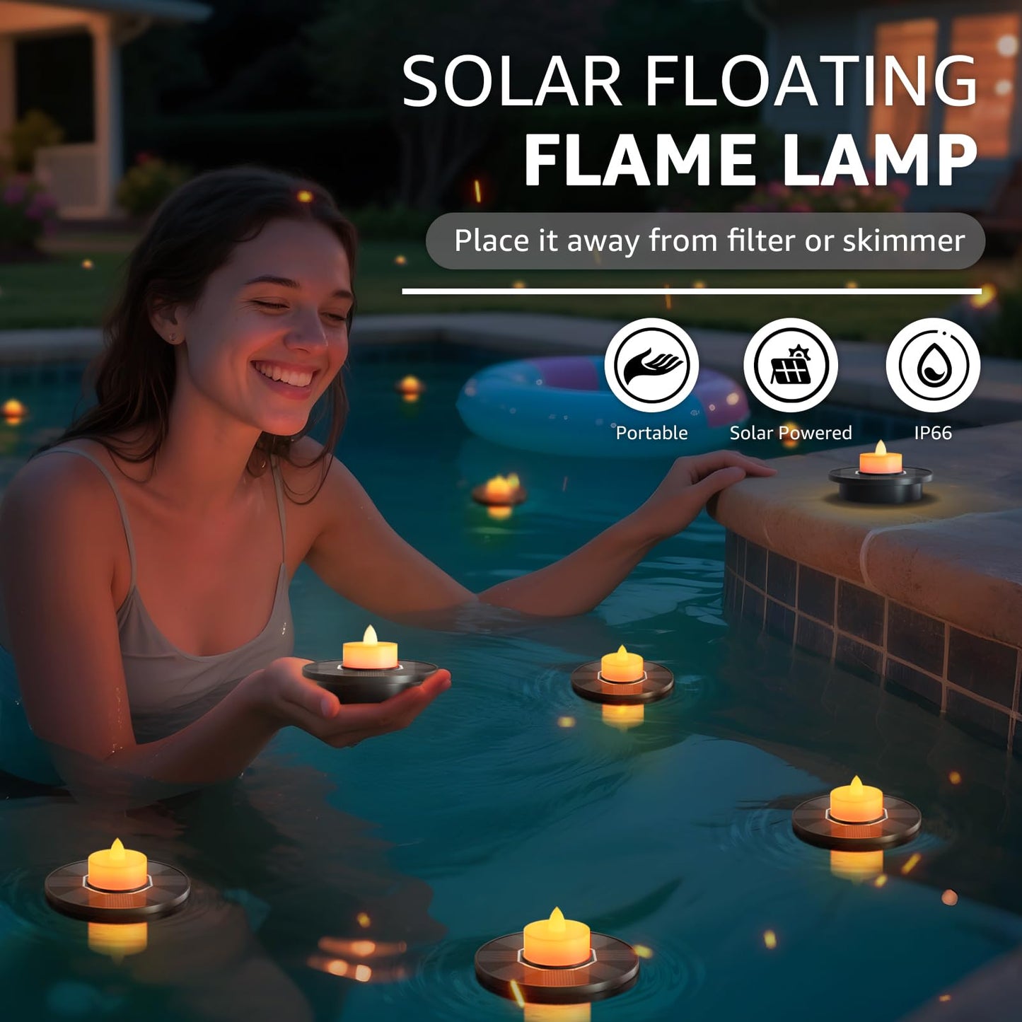 GGNOO Solar Floating Pool Lights, 5-Pack Solar-Powered Float Candles Lamps Tea Light for Pond Party Garden Backyard Outdoor Decor
