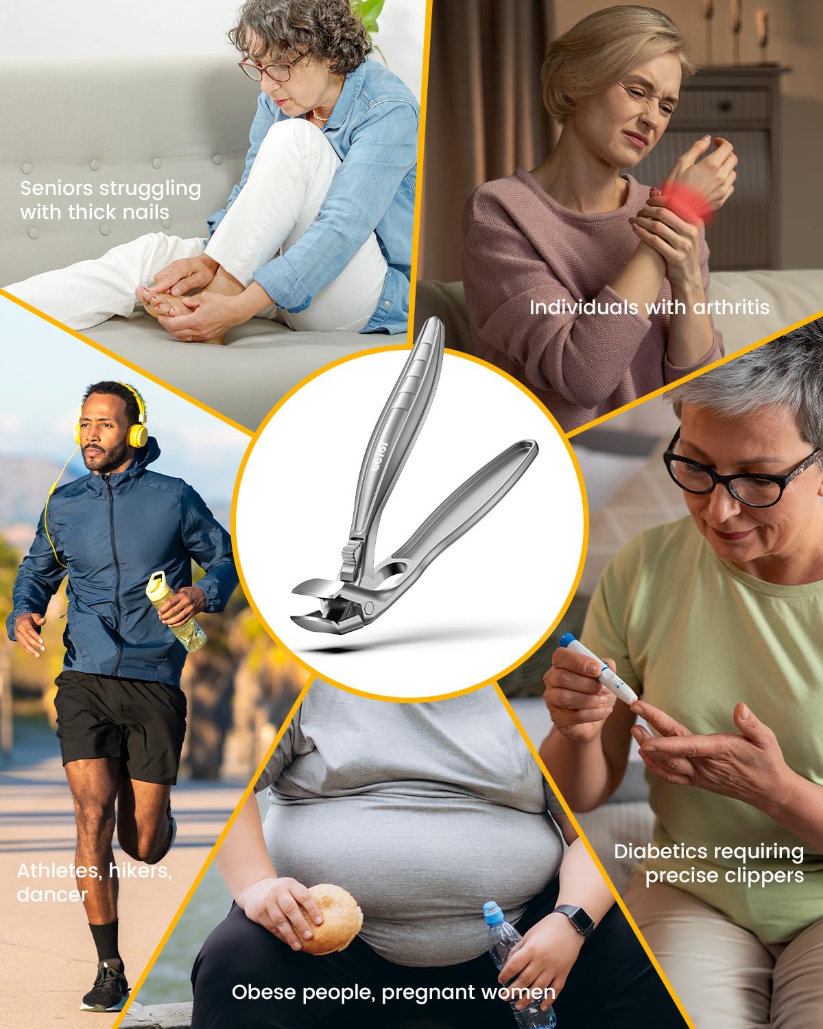 BEZOX Curved Toenail Clippers for Seniors – Safety Lock, Wide Opening, and Anti-Slip Grip Nail Clipper for Thick Nails - Silver
