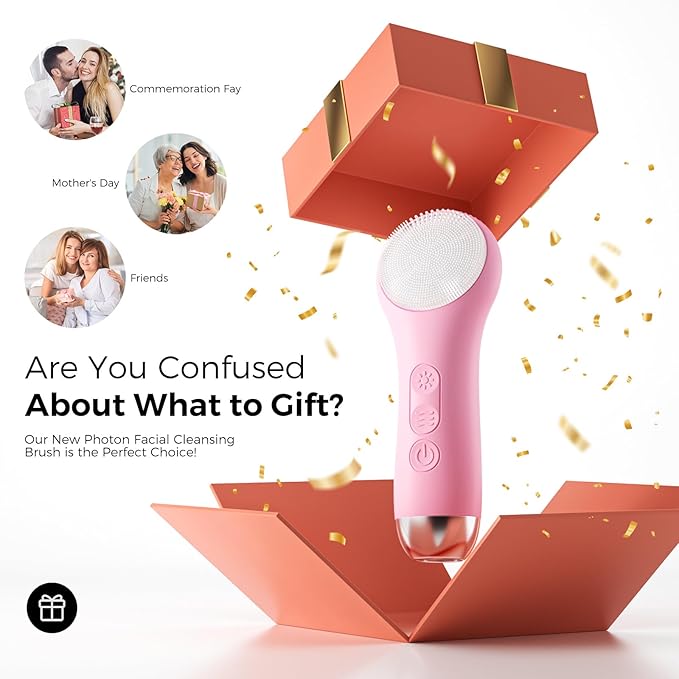 Face Scrubber Facial Cleansing Brush - Waterproof and Rechargeable Face Cleansing Brush with 4 LED Gentle Light, Cleansing, Exfoliating and Massaging, Electric Face Scrub Brush for Men & Women