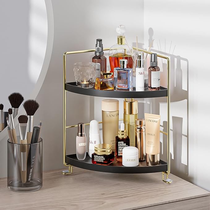 2-Tier Bathroom Corner Counter Organizer, Makeup Storage Shelf Vanity Tray, Bathroom Sink Countertop Organizer, Black