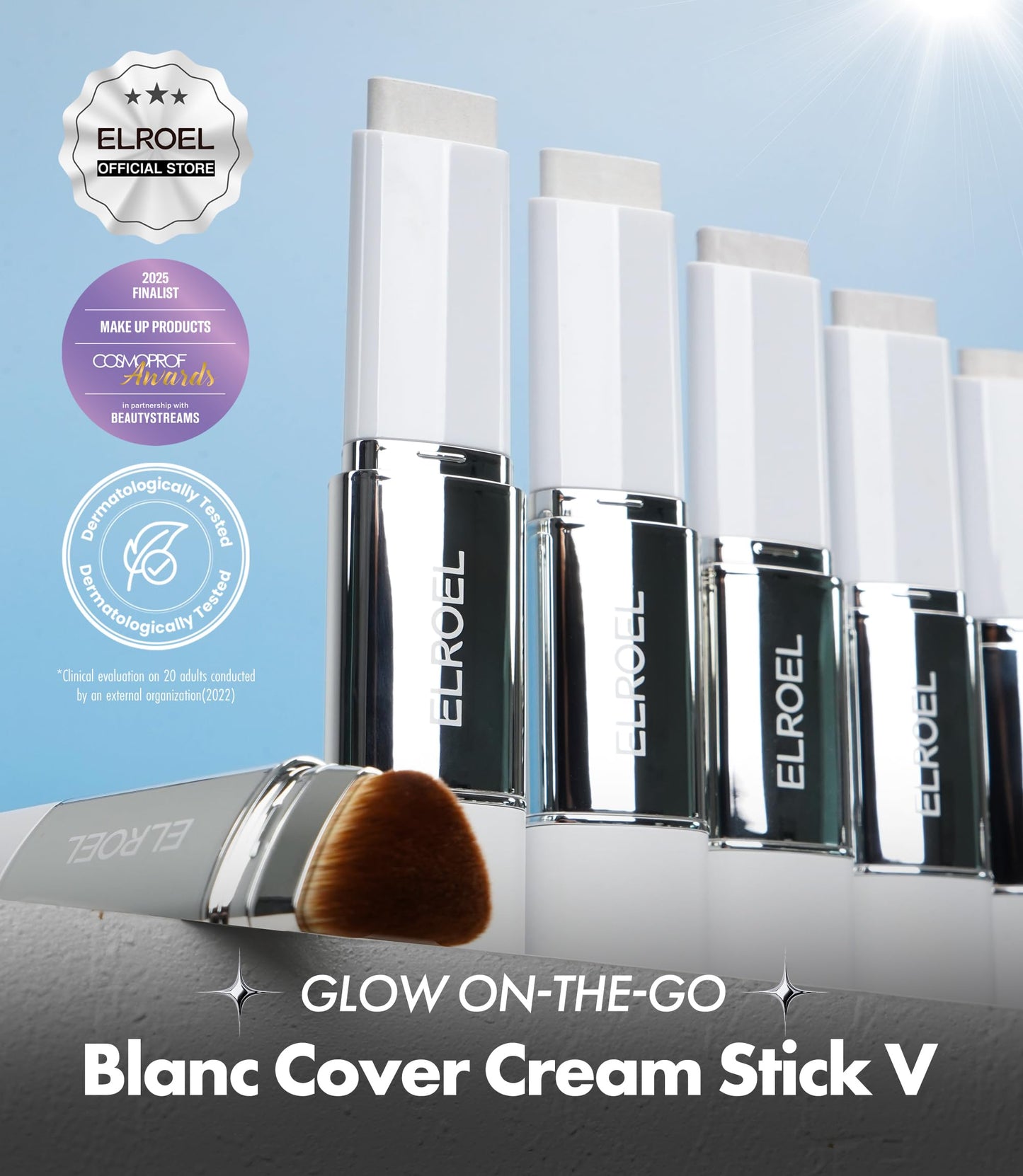 ELROEL Blanc Cover Cream Stick V White 0.45 oz - Korean Color-Changing Foundation Stick with Volufiline - Medium to Full Coverage Dewy Finish Base Makeup - Dual-Ended Detachable Brush (#202 Natural)
