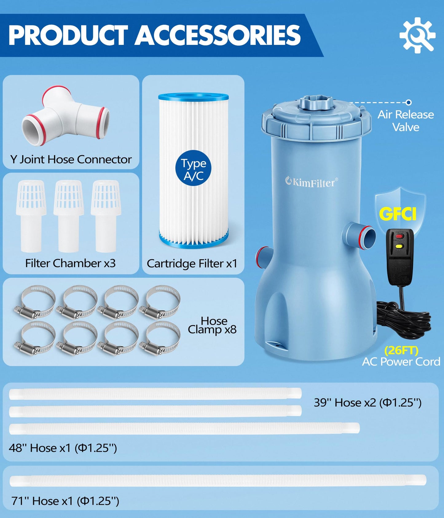 KimFilter Pro Series 1000 GPH Above Ground Pool Filter Pump, Powerful Pool Cartridge Filter Pump, Water Circulation and Filtration System -Improved Water Clean & Clarity, Pools Pumps Above Ground-Blue