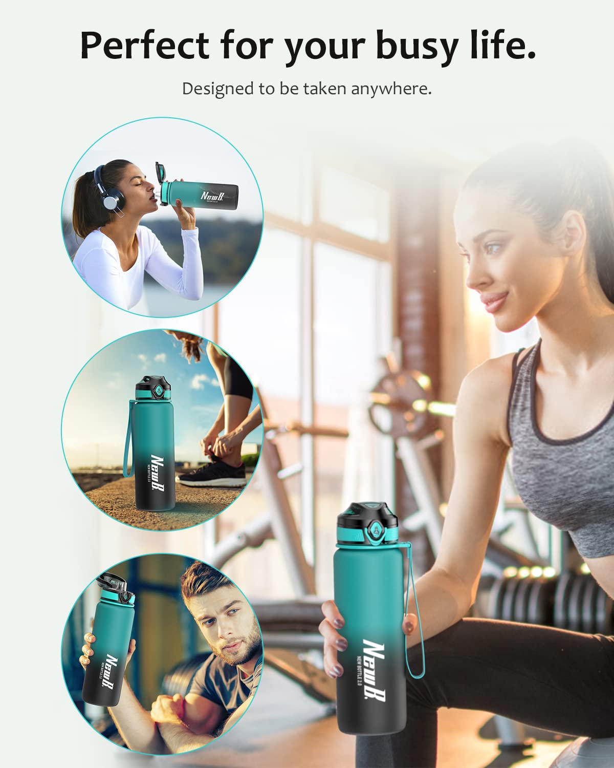 Pluralla One Touch Sport Water Bottle (Pack of 1) with Carry Handle, Leak Proof, Flip Top Lid, BPA Free, Tritan Material Water Bottle, Ideal Gift for Travel, Gym and Outdoor Fitness | 22 oz, 34 oz