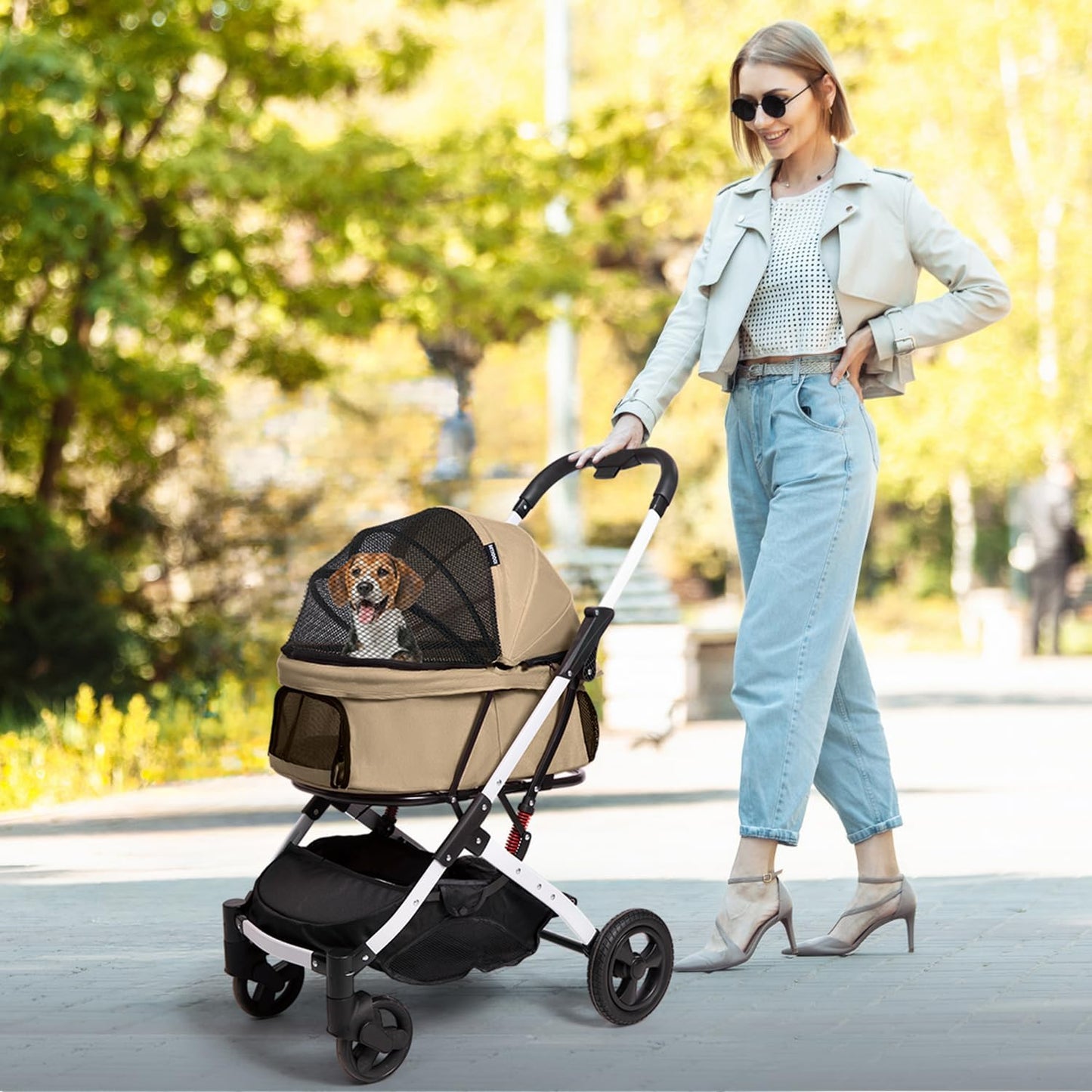 BETSOCCI Pet Stroller for Medium Small Dog & Cat, Foldable Lightweight Dog Stroller with Storage Basket Pet Travel Carriage with Safety Leashes, 4 Wheel, Khaki
