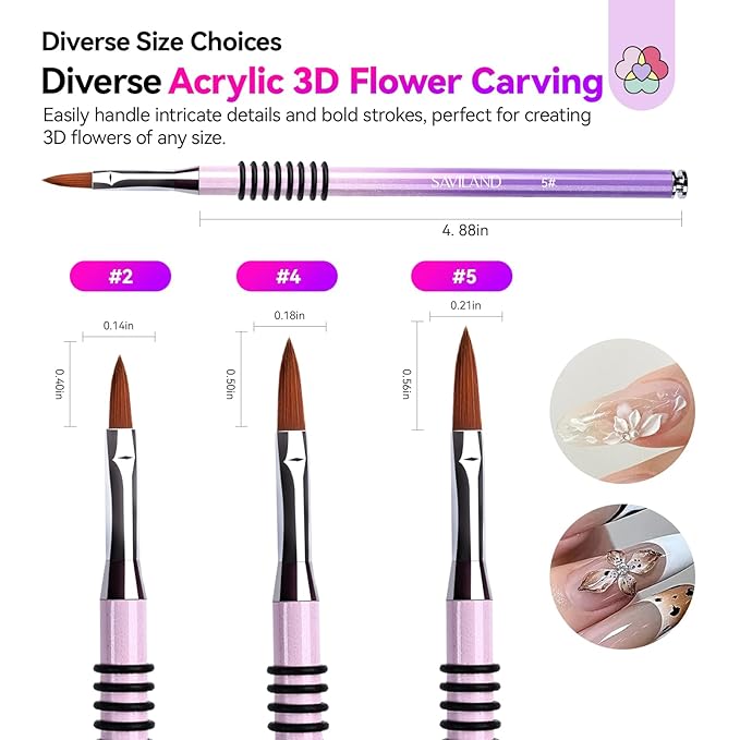 SAVILAND 3D Acrylic Nail Art Brush Set: 3Pcs Professional Kolinsky Sculpture Brushes Sizes 2/4/5 Purple-Pink Gradient Non-Slip Grip Handle for Acrylic Application 3D Flower Designs Home DIY