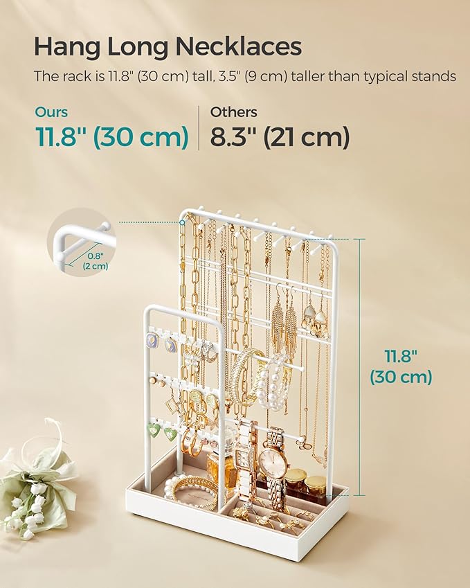 SONGMICS Jewelry Holder, Jewelry Organizer, Jewelry Display Stand with Metal Frame, Velvet Tray, Necklace Earring Bracelet Holder, for Studs, Rings, Gift Idea, Matte White UJJS021W01