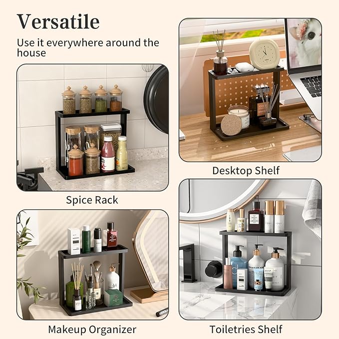 PEKER Bamboo Bathroom Organizer Countertop â Small Vanity Storage Shelf for Makeup, Perfume, Skincare â Natural Cosmetics Display Rack for Dresser, Sink, Kitchen âÂÂBlack