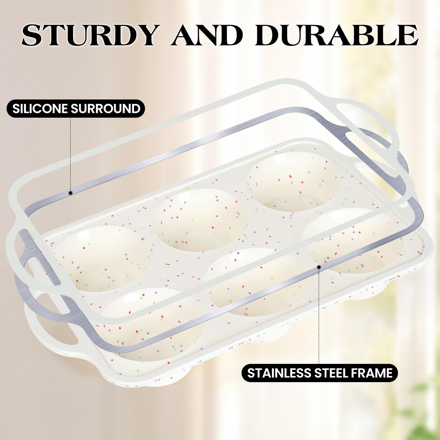 AOTASO 2 Pcs Jumbo Muffin Pan with Metal Frame, Nonstick 6 Cup Extra Large Cupcake Pan for Baking, Silicone Deep Muffin Tray for Egg Bites (Cream)