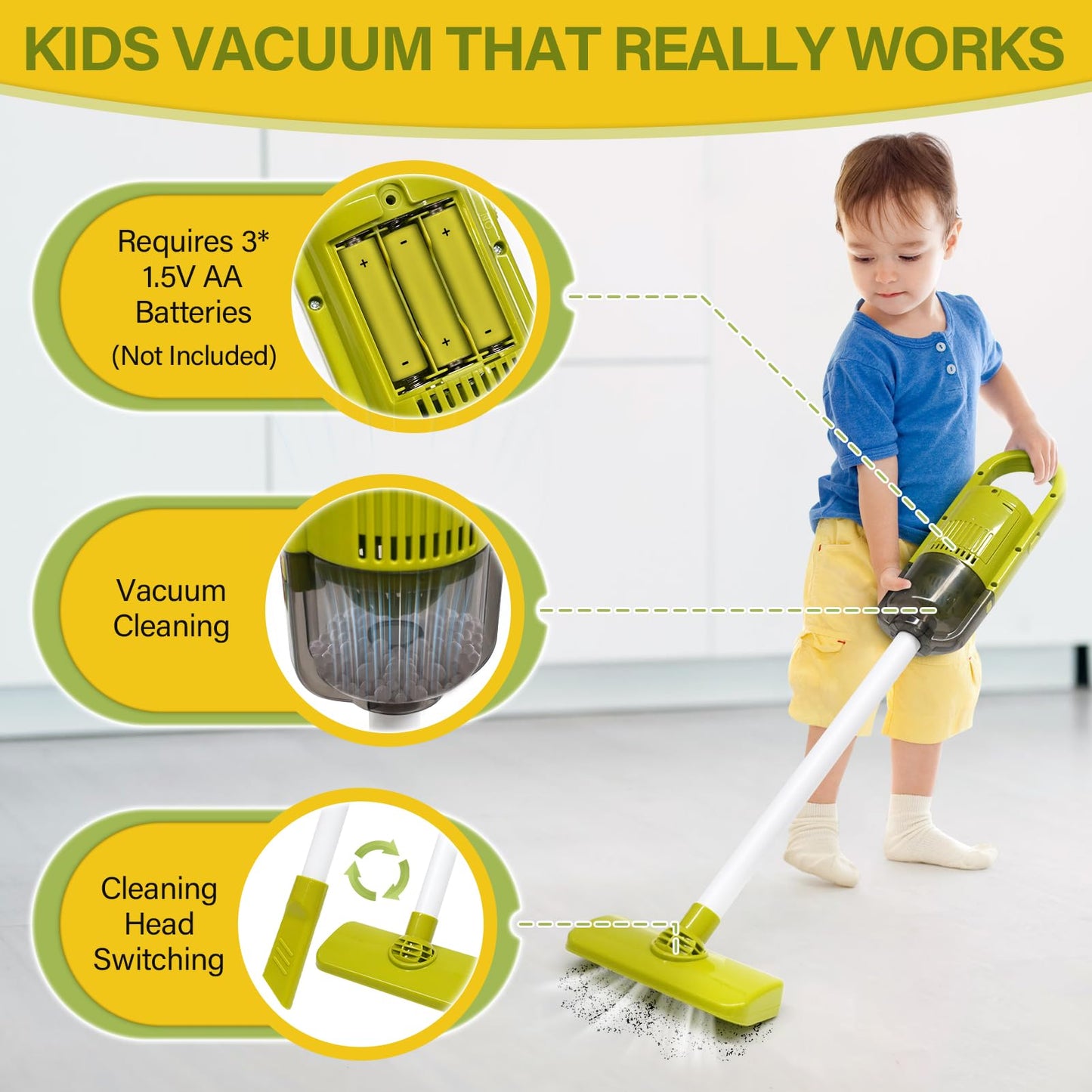 Dreamon Toddler Cleaning Set - 14Pcs Kids Cleaning Toy Set with 2-in-1 Kids Vacuum That Really Works, Pretend Home Cleaning Play Set for Toddler Age 3-7, Christmas Birthday Gift for Girls Boys(Red)