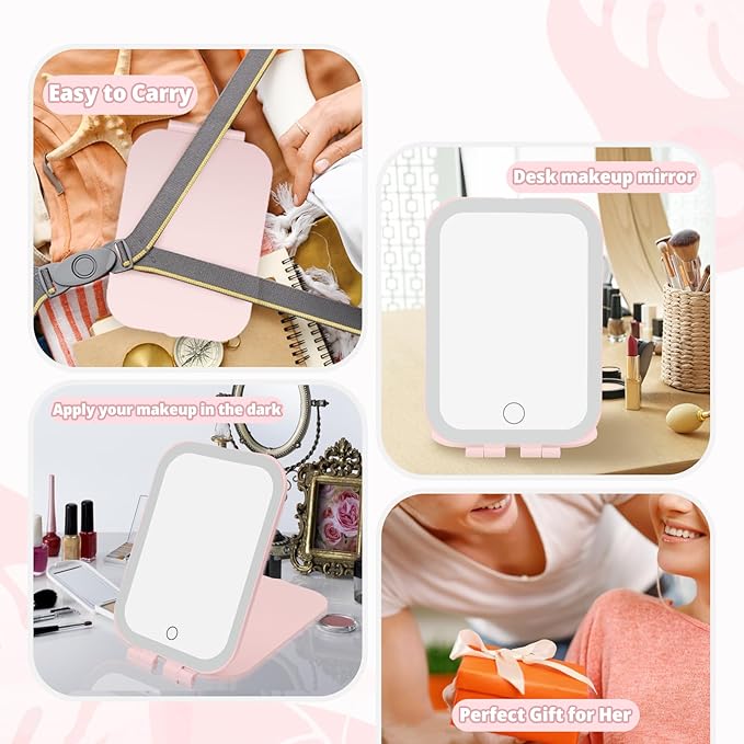 Travel Makeup Mirror, Portable Mirror with 3 Adjustable Light Settings, USB-Rechargeable Vanity Mirror with Lights,Gift for Women and Girls (Pink)