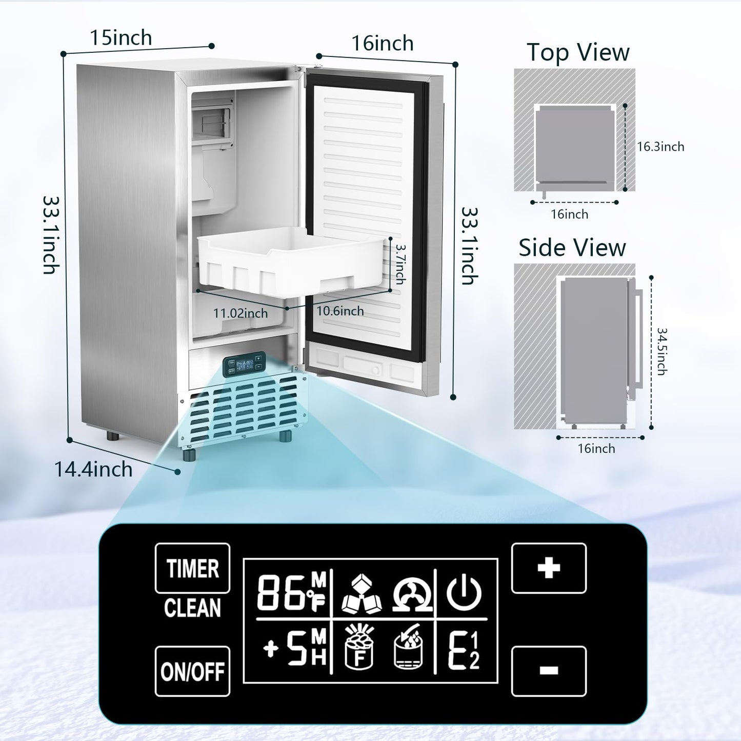 Undercounter Nugget Ice Maker,Commercial Nugget Ice Machine,66 lbs/Day,Built-in or Freestanding with Self-Cleaning,24-Hour Timer,Stainless Steel Ice Maker for Bars, Cafes, Businesses