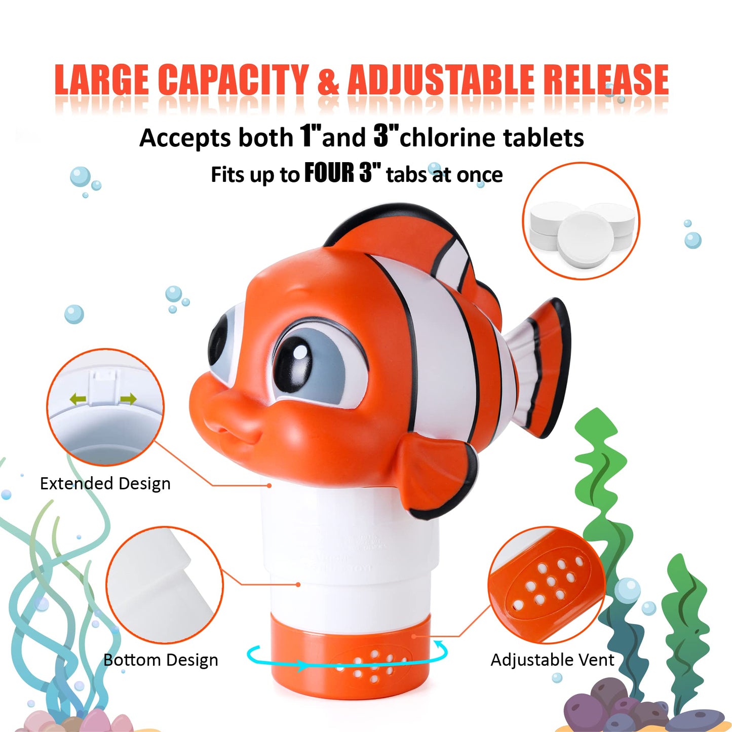 MKLZ Chlorine Floater, Floating Pool Chlorine Dispenser, Fits 1 and 3 Inch Tablets & Bromine Holder for Large/Small Pools, Hot Tub, Spa - Clown Fish