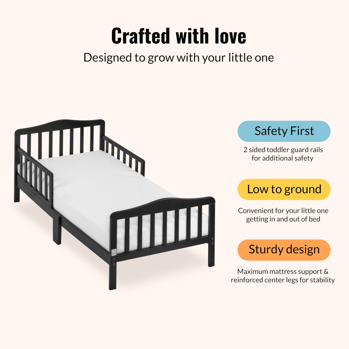 Dream On Me Classic Design Toddler Bed In Black, Greenguard Gold And JPMA Certified, Low To Floor Design, Two Side Safety rails, Non-Toxic Finishes, Wooden Nursery Furniture