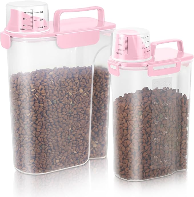 5Lbs Airtight Cat Dog Food Storage Container with Upgraded Large Nozzle BPA-Free, Pet Food Storage Containers for Rice, Grain, Pet Food, Flour, Dog Treat Storage (Light Pink, (3L+5L)-2pack)
