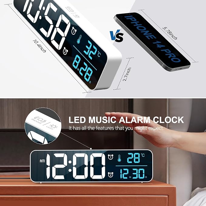 Hournor Digital Clock for Bedroom, Digital Wall Clock for Living Room Decor, Desk Table Clocks, Digital Clock Large Display, Bedroom Smart Alarm Clock for Office White Blue