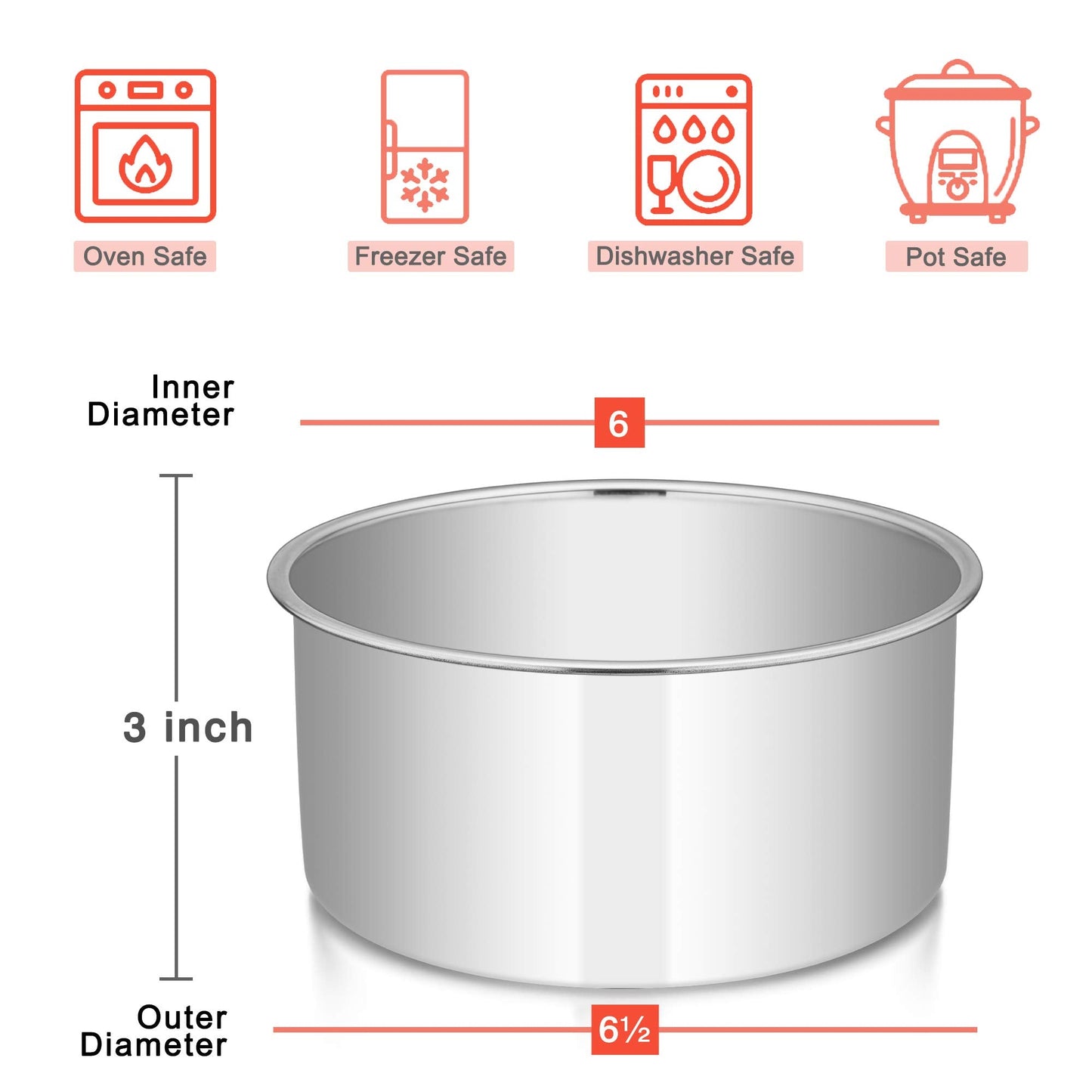 E-far Cake Pans Set of 3, 6 x 3 Inch Stainless Steel Round Cake Baking Pans Tins for Wedding Birthday, Deep Side & Non-toxic, Oven & Dishwasher Safe, Mirror Finish & Straight Side
