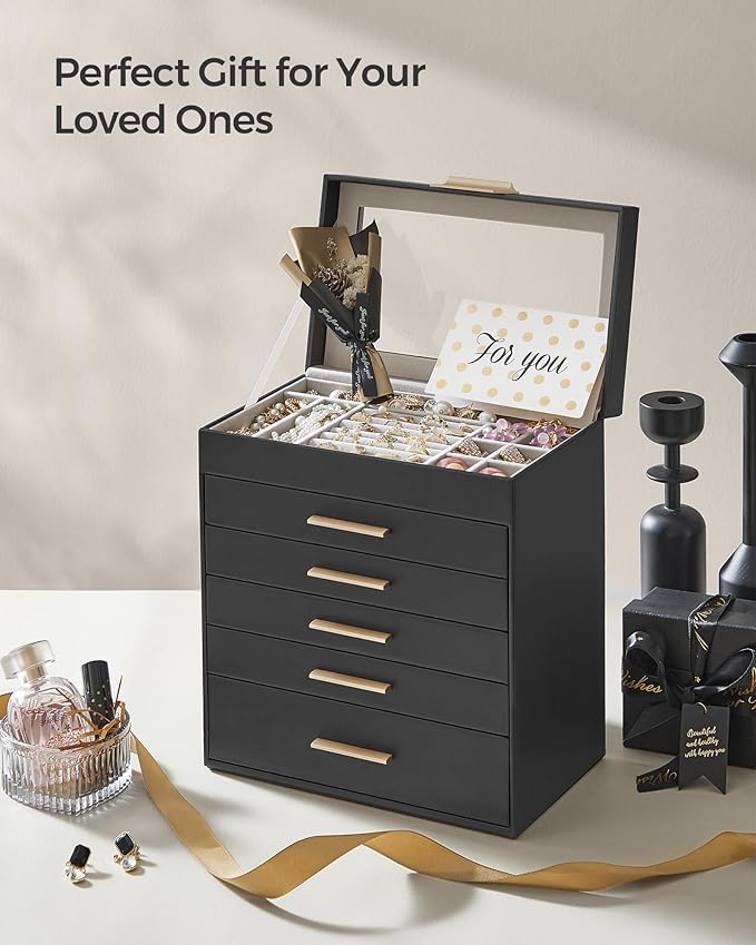 SONGMICS GISELLA Collection - Jewelry Box Organizer, 6-Layer Jewelry Storage with 5 Drawers, Shiny Metal Hardware, Glass Lid, Modern, 6.4 x 9.9 x 11.4 Inches, Ink Black and Gold Color UJBC171B01