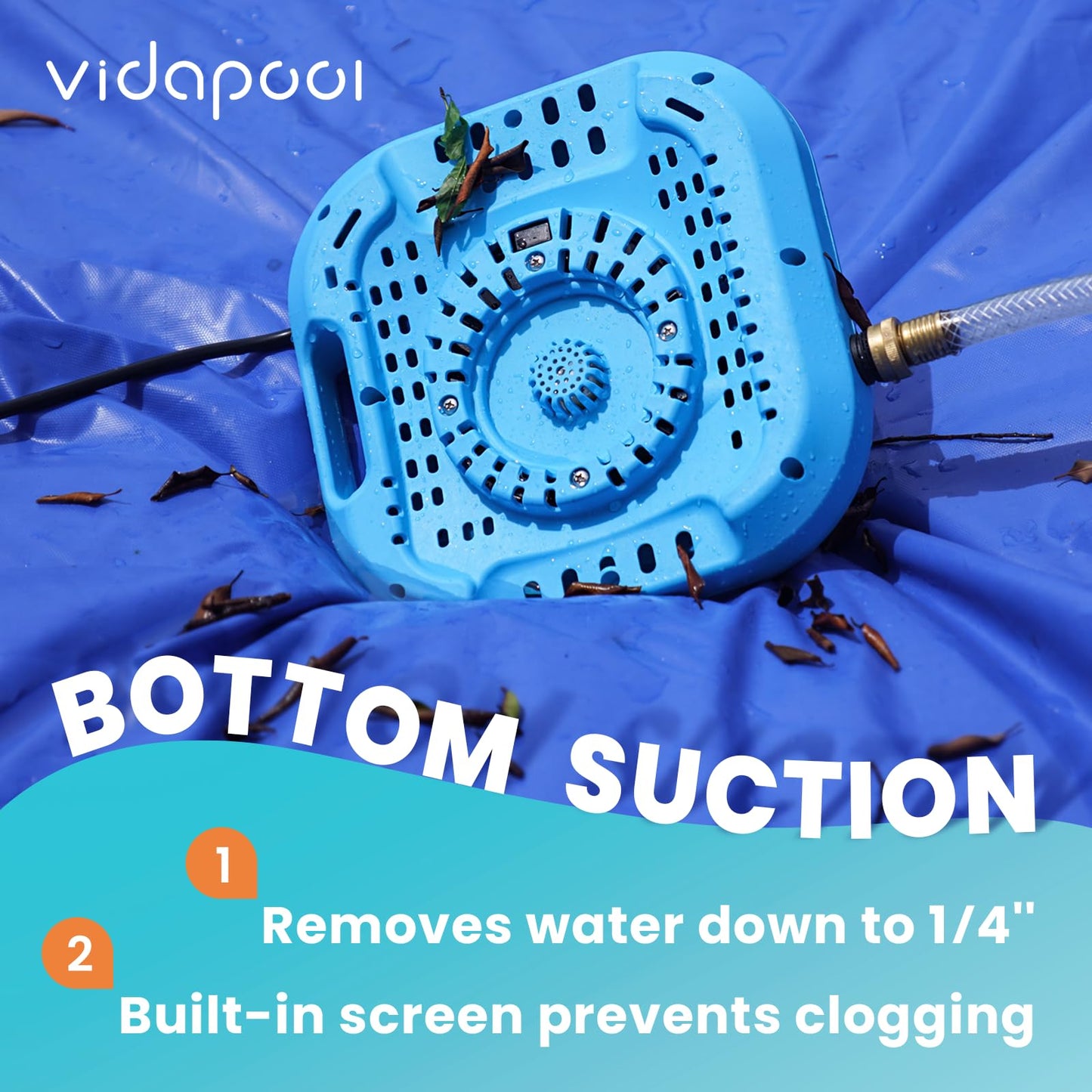 Vidapool 1/2 HP Pool Cover Pump Automatic On Off, Submersible Sump Pump Inground/Above Ground, 2169 GPH Water Removal Pump with 25 Feet Power Cord for Swimming Pool, Pond, Basement, Window Well, Blue
