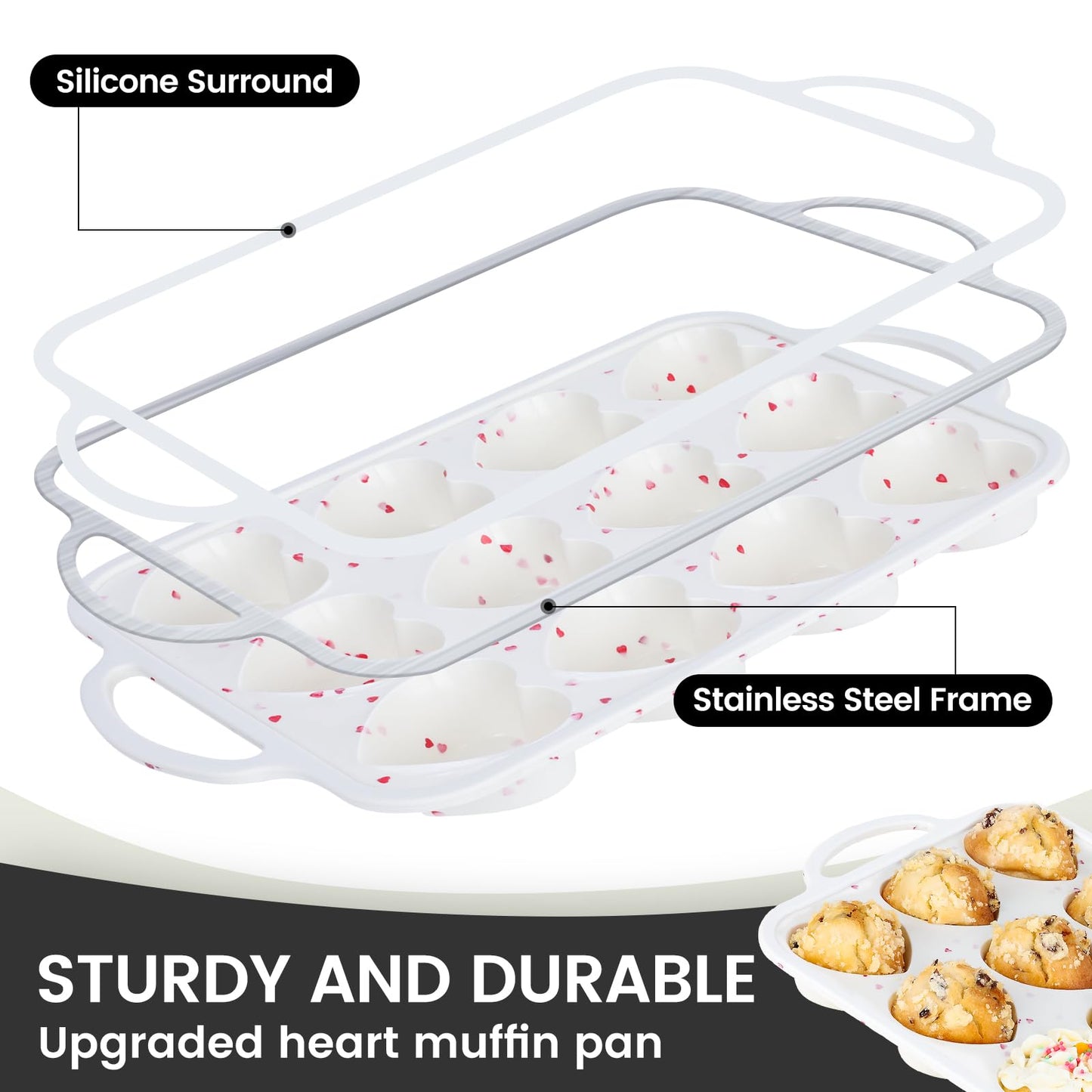 Vinino Silicone Heart Shaped Muffin Pan with Metal Reinforced Frame, 2 Pack Cupcake Pan, Silicone Heart Mold for Baking, Chocolate Bar and Egg Bites, Dishwasher Safe