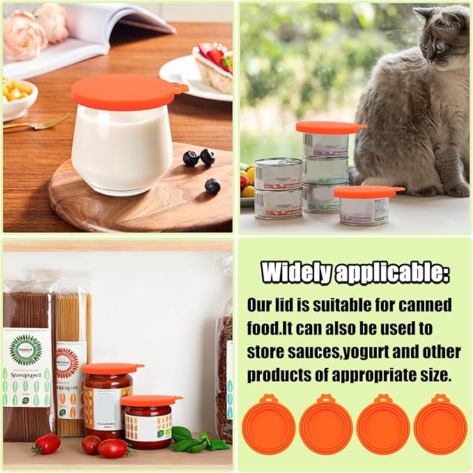 PINE & LINEN 4 Pcs Durable Pet Can Lids,One fit 3 Standard Size Silicone Waterproof Cat Food Cans Lids for 3oz/5.5oz/12.5oz/13.2oz Cat Food Cans(Orange)