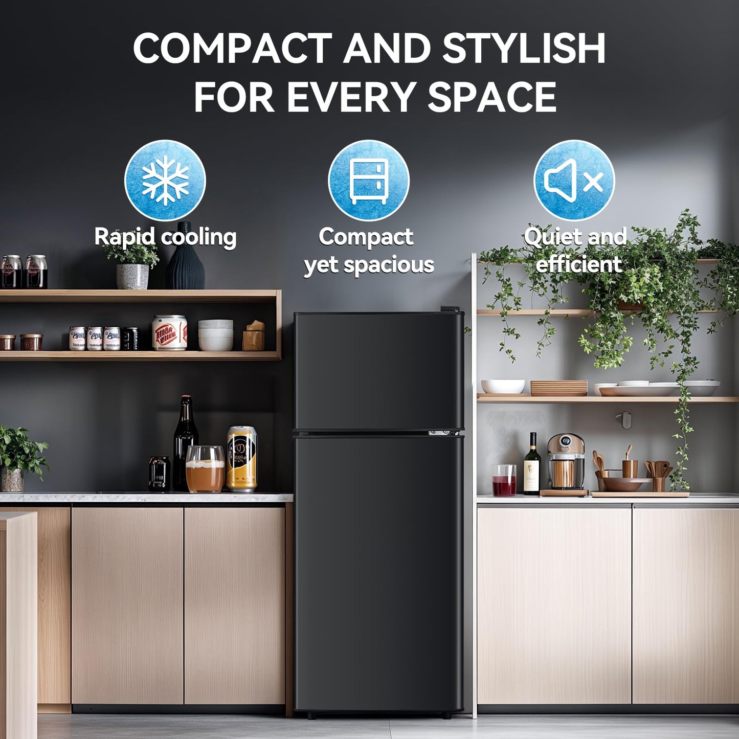 Anypro 4.0 Cu.Ft Fridge with Freezer, Double Door Refrigerator with 6 Level Thermostat, LED Light, Adjustable Glass Shelves for Bedroom, Office, Dorm, Apartment, Black