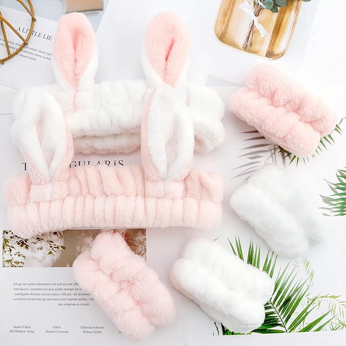 YISSION Cute Bunny Ear Spa Headband and Wristband Set for Women and Girls - Soft Plush Makeup Headband with Wrist Towels for Face Washing, Skincare, Shower, Easter Party Favors (White & Pink)