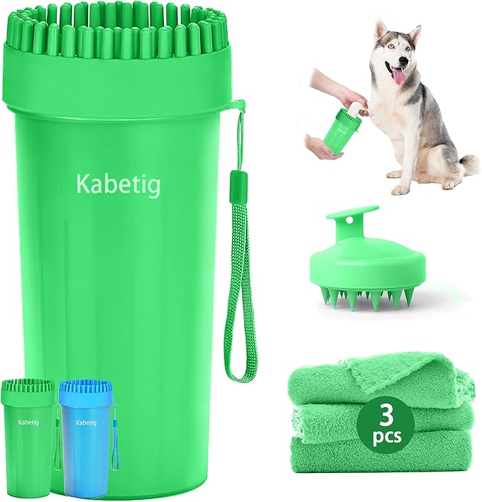 Dog Paw Cleaner Kit for L/XL Dogs - Quick Clean No Full Bath, 2-in-1 Paw Wash Cup with Detachable Silicone Brush Head, Includes Bath Brush & 3 Absorbent Towels, Green
