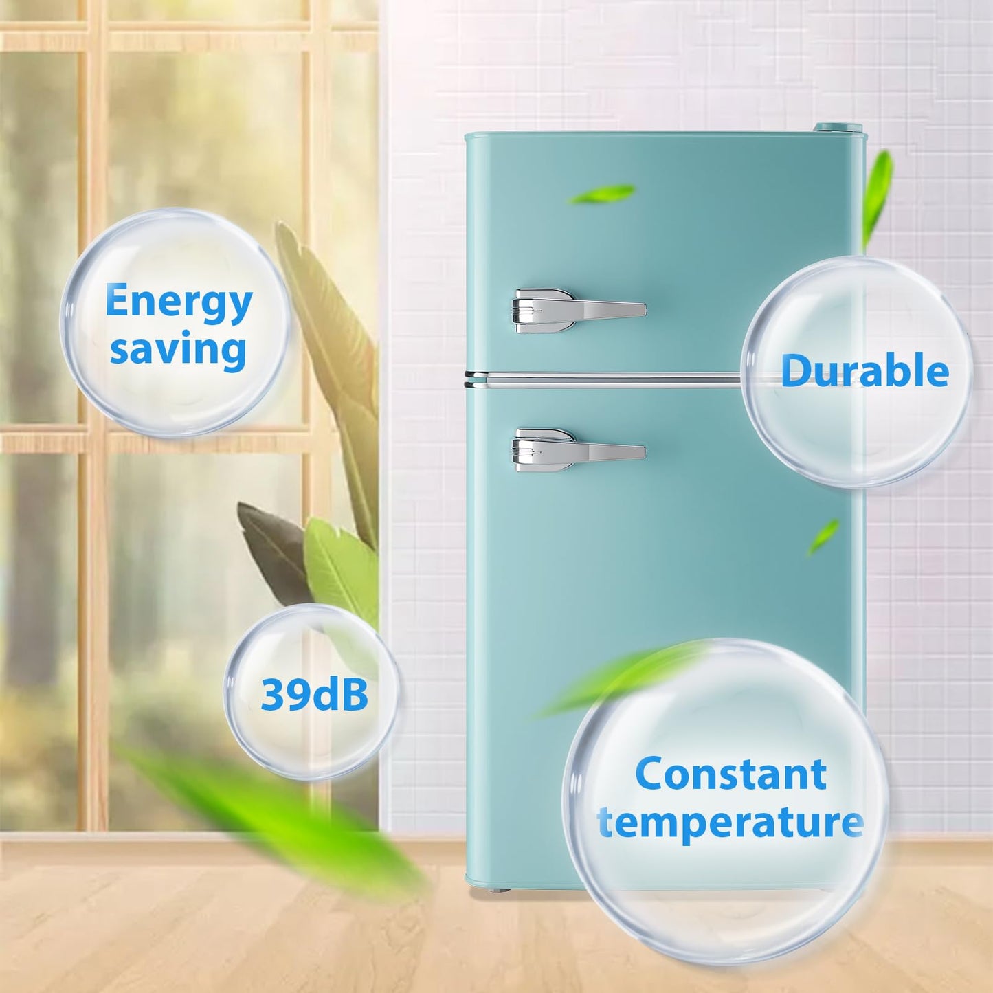 WANAI 3.5 Cu.ft Retro Mini Fridge with Freezer Small Retro Dual Door Refrigerator Freestanding Compact Refrigerator with Freezer 2 Door Mini Fridge for Bedroom, Dorm, Office Blue