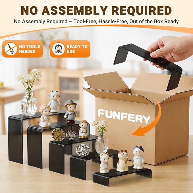 FUNFERY Acrylic Display Risers, 2 Set(7.8" L~8.2" L~8.6" L~9âÂÂL~9.3âÂÂL) Display Shelf for Figure, Collectibles, Cupcake, 5-Tier Clear Acrylic Stands for Dessert, Jewelry, Candy Showcase