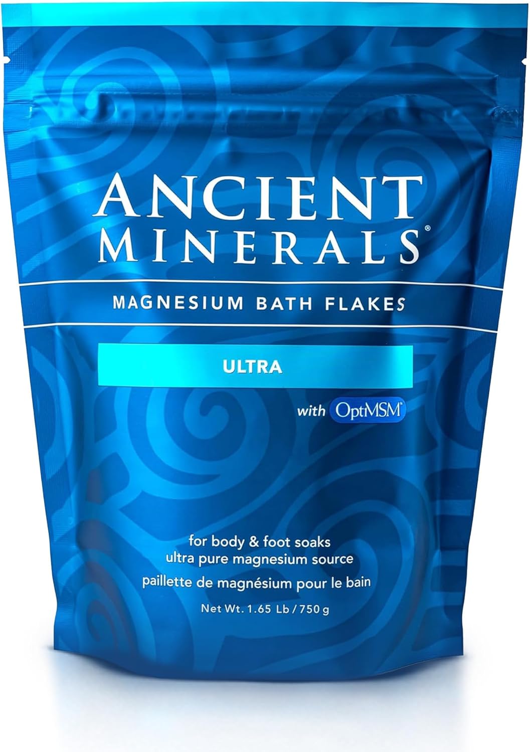 Ancient Minerals Magnesium Bath Flakes Ultra with OptiMSM â Pure Zechstein Magnesium Chloride and Organic Sulfur Bath Salts, Soothing Mineral Soak for Skin & Body, 1.65 lb
