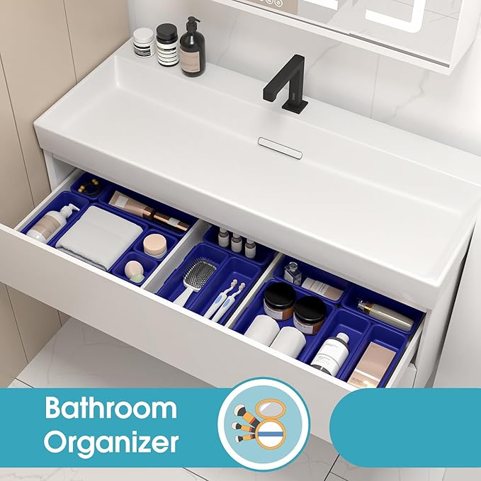 33 PCS Drawer Organizer Set, 4 Size Makeup Drawer Divider Organizer With Non-Slip Pads, Interlocking Plastic Storage Bins for Office,Jewelry Vanity,Gadgets, Bathroom,Kitchen, Navy