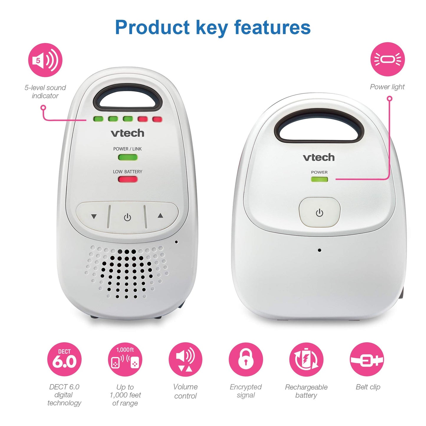 VTech Upgraded Baby Monitor with Rechargeable Battery, Long Range, Crystal-Clear Sound, and Alerts
