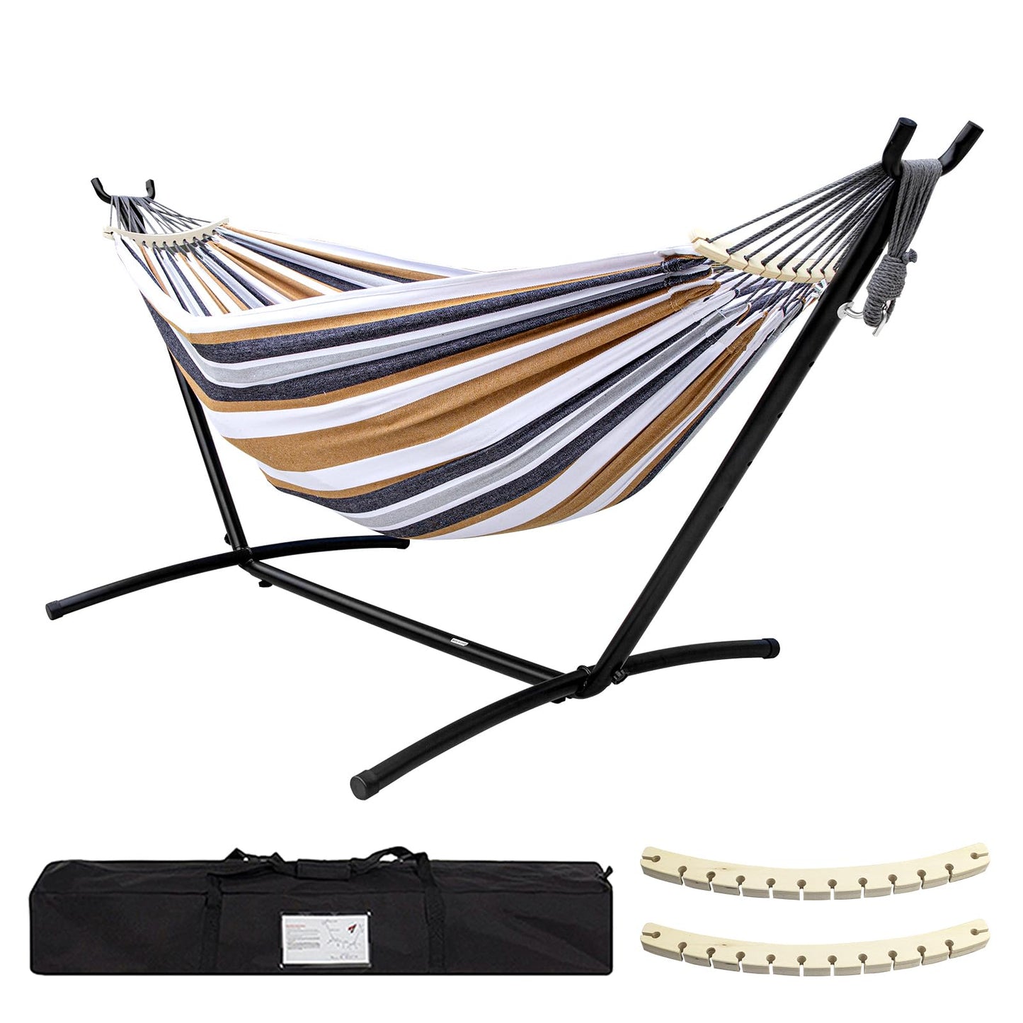 SZHLUX Double Hammock with Stand Included 450lb Capacity Steel Stand, Premium Carry Bag Included and Two Anti Roll Balance Beam, Portable Hammock with Stand for Backyard, Camping,Garden Brown Stripes