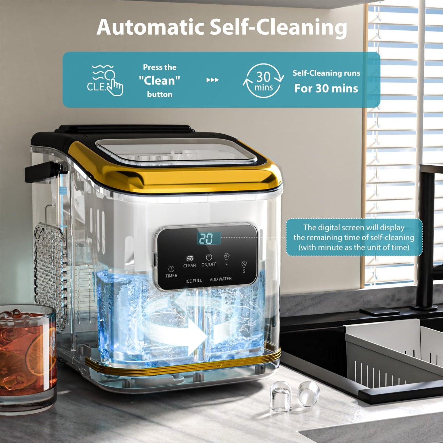 Electactic Ice Maker Machine countertop Self Cleaning Portable Compact Small Bullet Ice Maker with Digital Screen, 9 Cubes in 6 Mins,26lbs in 24Hrs, for Camping Dorm Home Outdoor