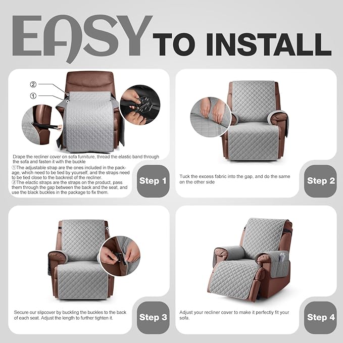 KinCam 100% Waterproof Recliner Chair Cover, Reclining Couch Covers for Pets, Dogs, Recliner Couch Slipcover Furniture Protector with Elastic Straps for Kids(23.6", Light Gray)